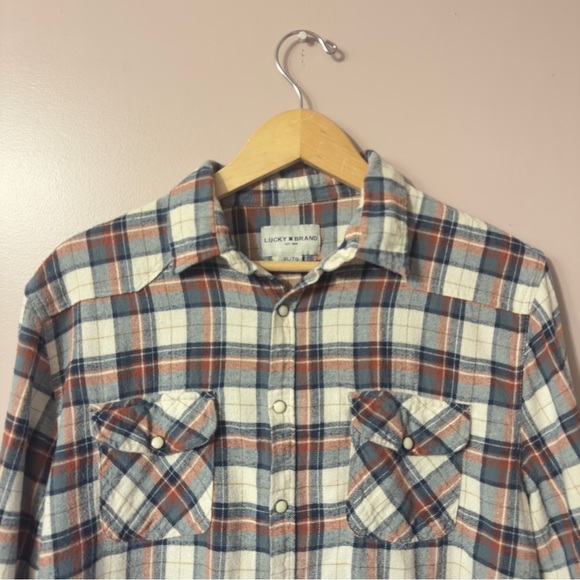 Lucky Brand Pearl Snap Flannel Shirt Plaid Blue Cream Mens Size XL - Picture 2 of 9